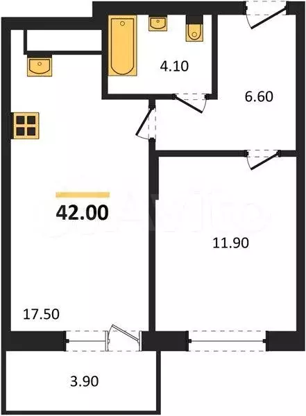 1-к. квартира, 42 м, 4/4 эт. - Фото 1