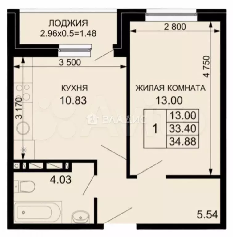 1-к. квартира, 35 м, 8/9 эт. - Фото 0