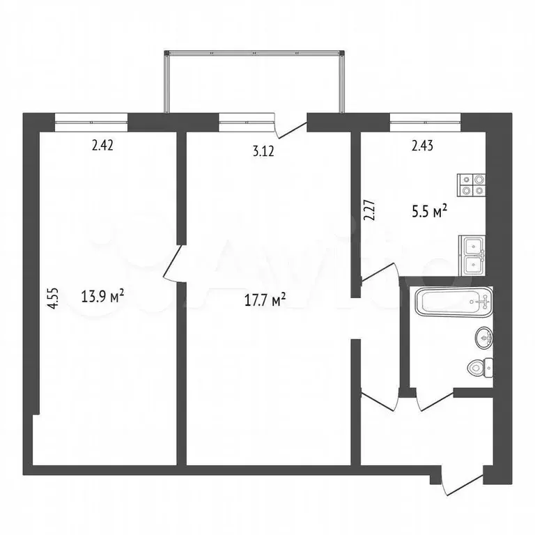 2-к. квартира, 45,6 м, 8/8 эт. - Фото 0