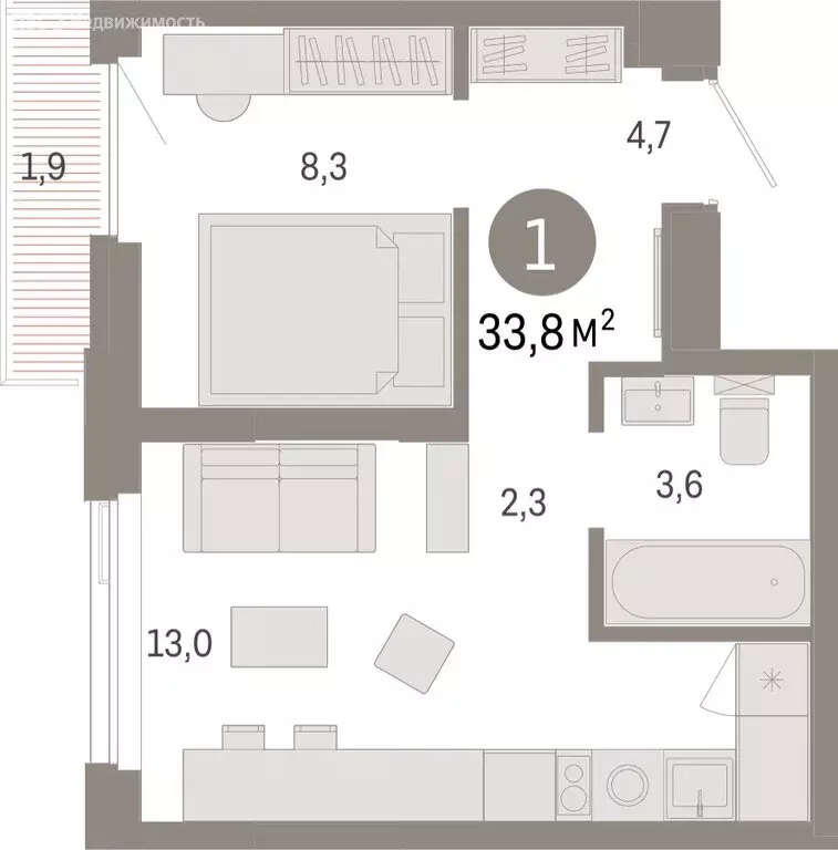 1-комнатная квартира: Тюмень, жилой комплекс Зарека (33.82 м) - Фото 1