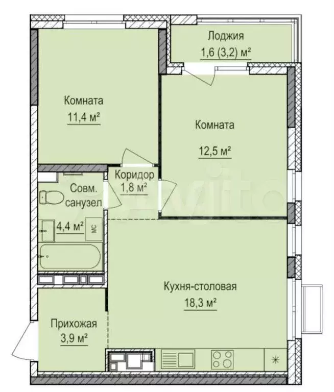 2-к. квартира, 53,9 м, 5/15 эт. - Фото 0