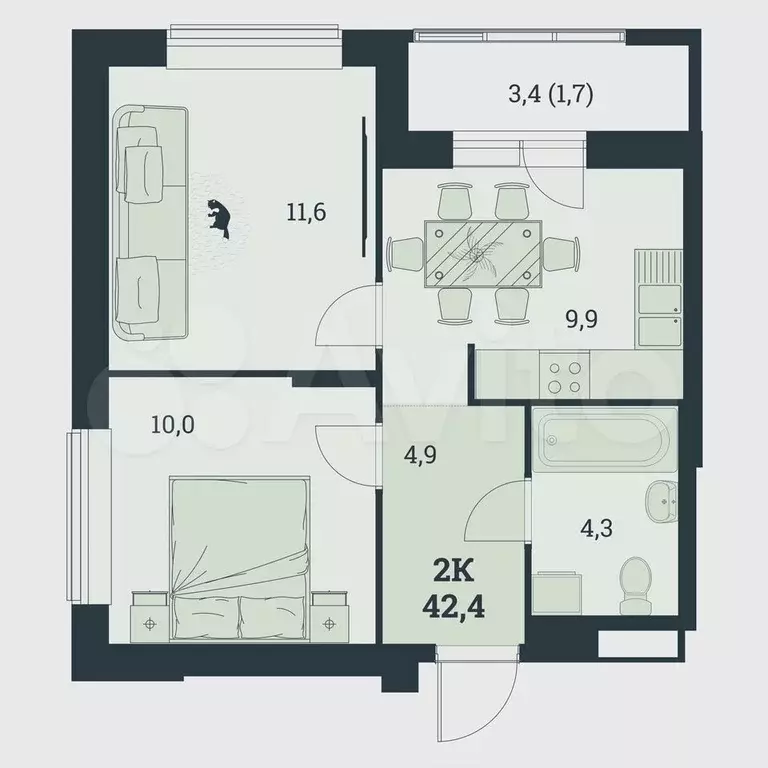 2-к. квартира, 42,4 м, 2/8 эт. - Фото 0