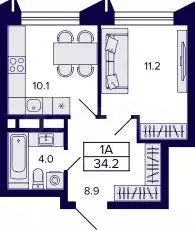 1-к. квартира, 34,2 м, 4/8 эт. - Фото 0