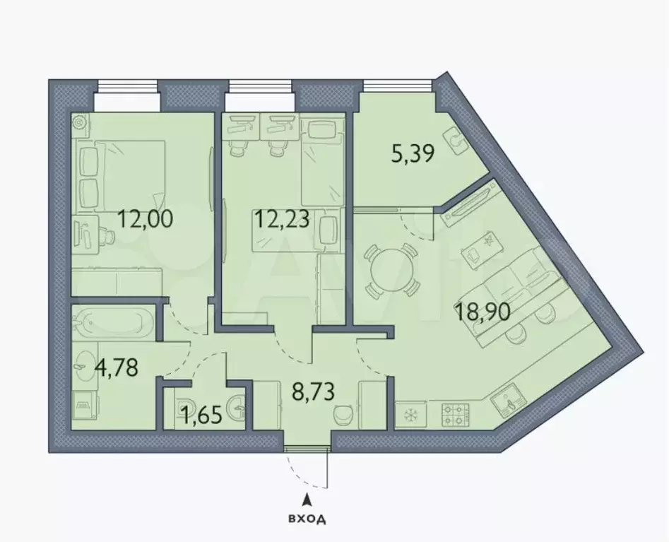2-к. квартира, 63,7 м, 6/6 эт. - Фото 1