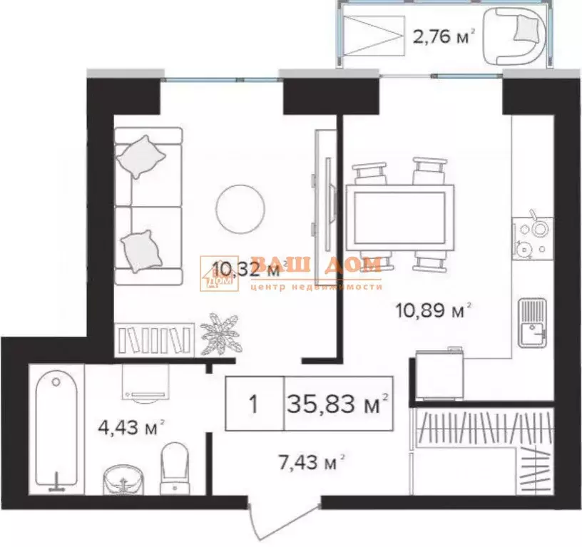 1-к кв. Тульская область, Тула Новомедвенский проезд, 6А (35.83 м) - Фото 2