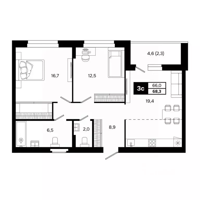 3-к кв. Новосибирская область, Кольцово рп, 5-й мкр  (68.3 м) - Фото 2