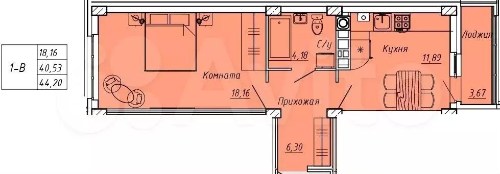 1-к. квартира, 44,2 м, 4/9 эт. - Фото 0