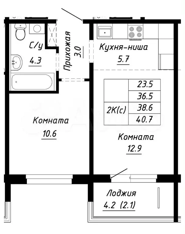 2-к. квартира, 38,6 м, 5/10 эт. - Фото 1