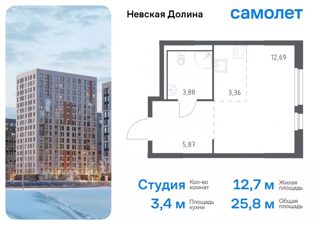 1-комнатная квартира: деревня Новосаратовка, жилой комплекс Невская ... - Фото 0