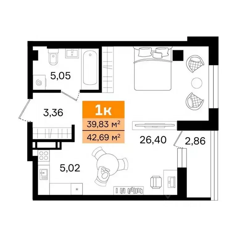 1-к кв. Курганская область, Курган просп. Конституции (42.69 м) - Фото 2