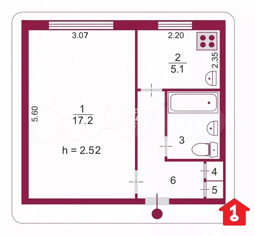 1-к. квартира, 29,6 м, 6/9 эт. - Фото 0