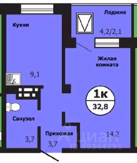 1-к кв. Красноярский край, Красноярск ул. Лесников, 51Б (33.2 м) - Фото 0