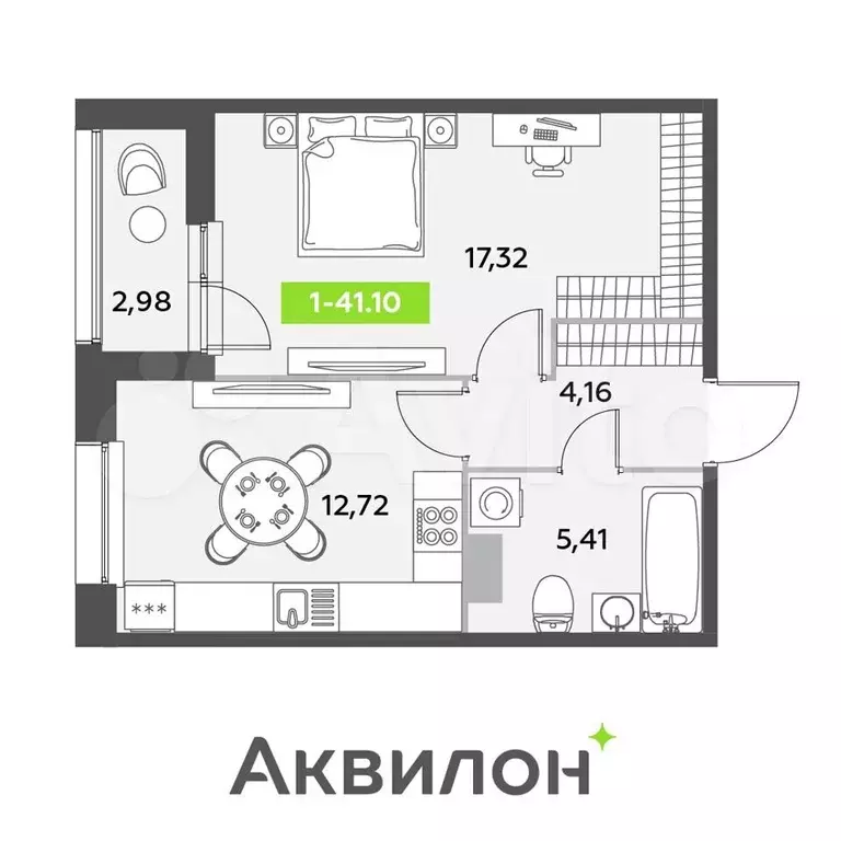 1-к. квартира, 41,1 м, 3/12 эт. - Фото 1