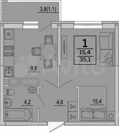 1-к. квартира, 35,1 м, 20/24 эт. - Фото 1