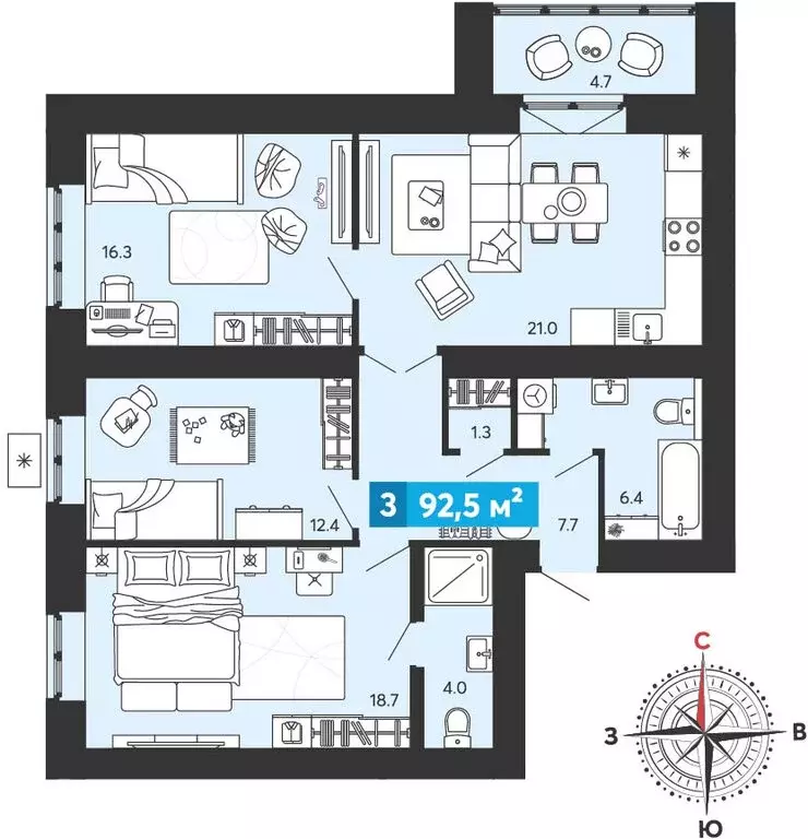 3-комнатная квартира: Засечное, микрорайон Город Спутник (92.5 м) - Фото 1