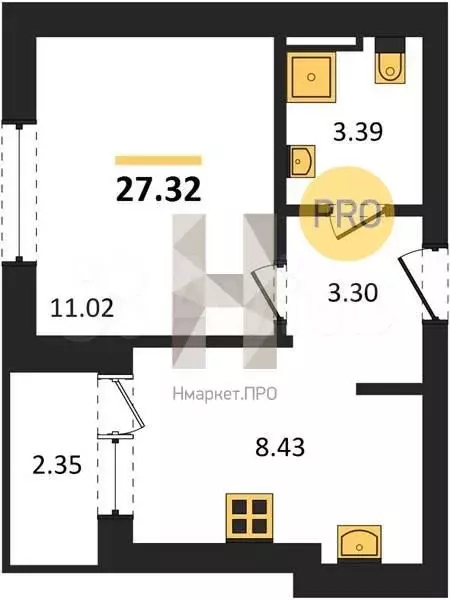 1-к. квартира, 27,3 м, 5/8 эт. - Фото 1