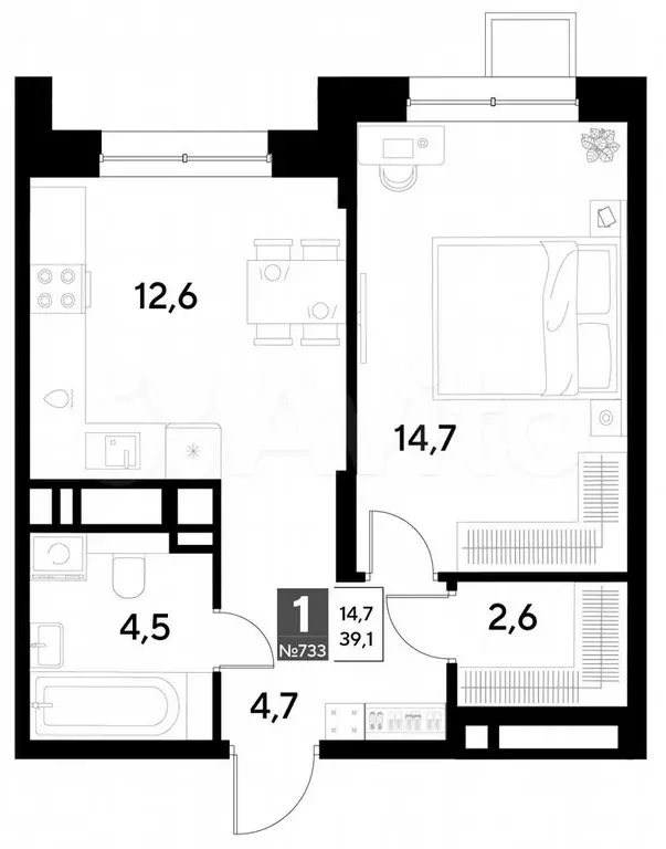 1-к. квартира, 39,1 м, 14/21 эт. - Фото 0