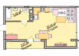 Квартира-студия, 43 м, 4/6 эт. - Фото 1