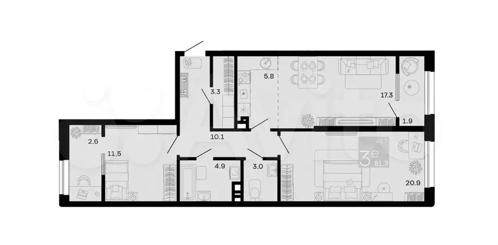 2-к. квартира, 81,3 м, 6/9 эт. - Фото 1