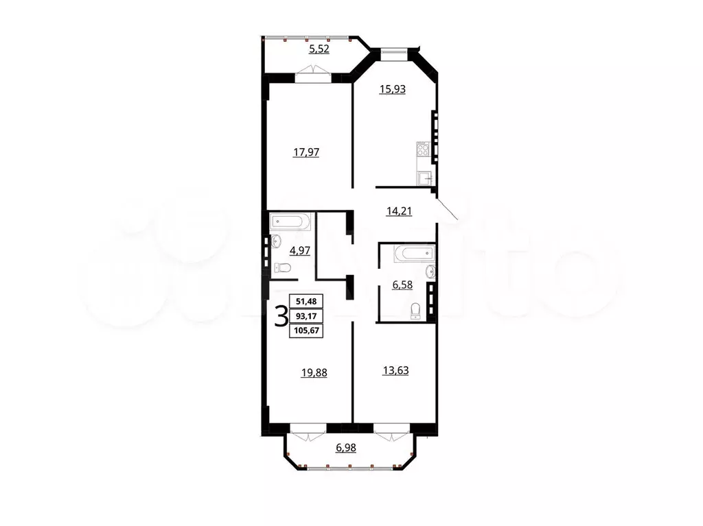 3-к. квартира, 105 м, 3/7 эт. - Фото 1