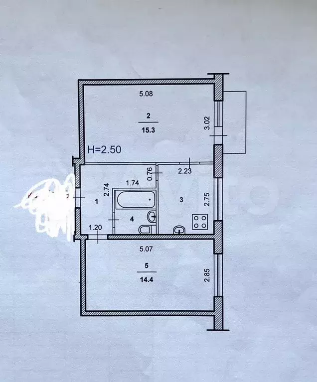 2-к. квартира, 43,4 м, 5/5 эт. - Фото 0