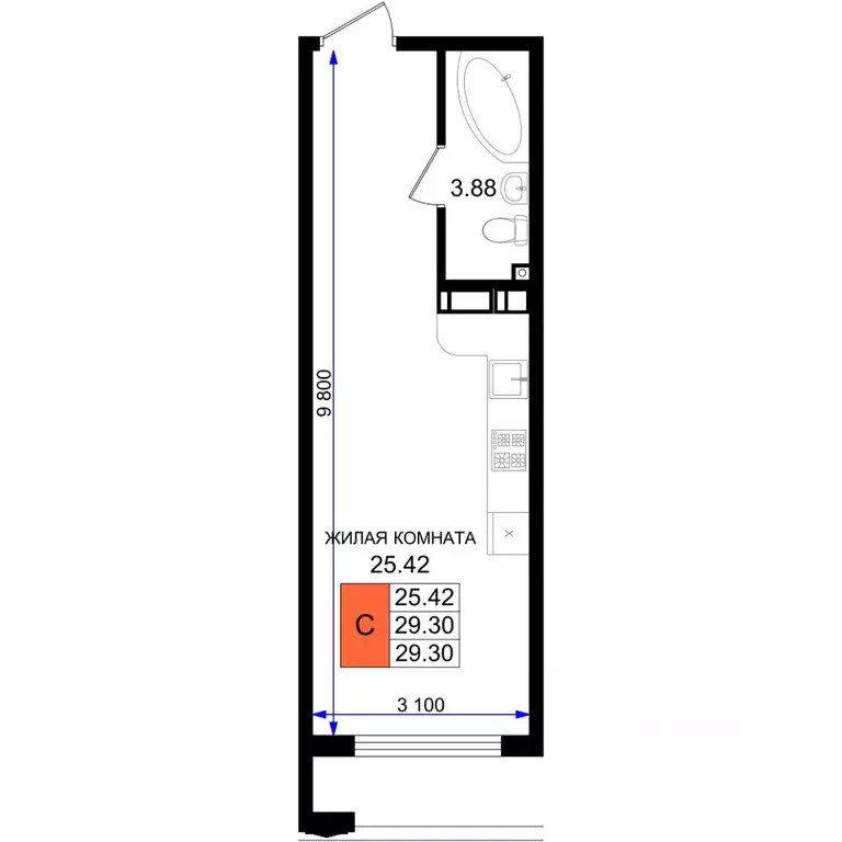 Студия Краснодарский край, Новороссийск 5-я Бригада мкр,  (29.3 м) - Фото 1