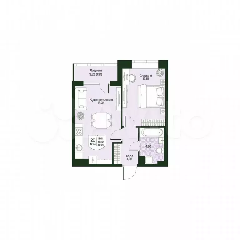 1-к. квартира, 42,4 м, 3/4 эт. - Фото 0