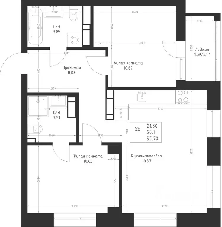 2-к кв. Татарстан, Казань Седьмое Небо жилрайон,  (57.7 м) - Фото 2