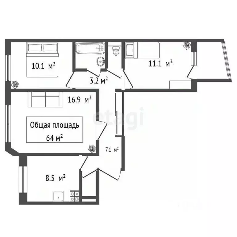 3-к кв. Новосибирская область, Новосибирск ул. Курчатова, 11/2 (64.0 ... - Фото 2