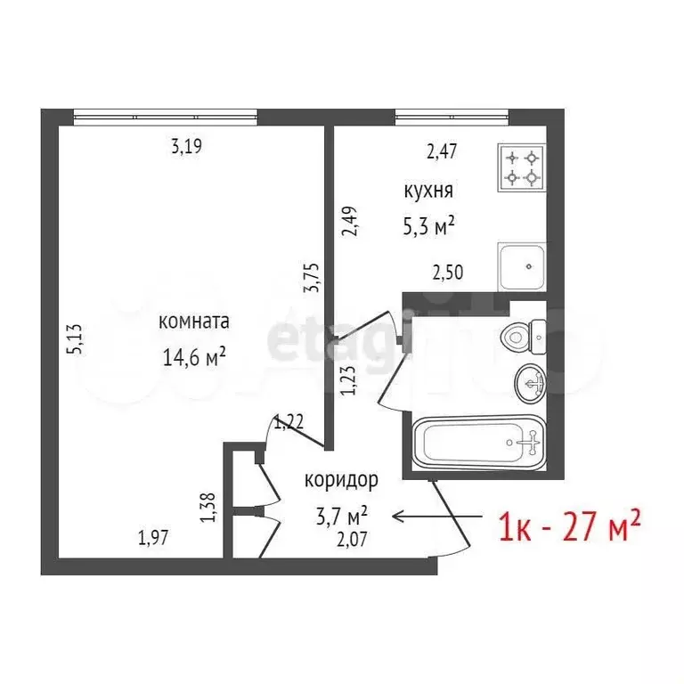 1-к. квартира, 27 м, 1/5 эт. - Фото 0