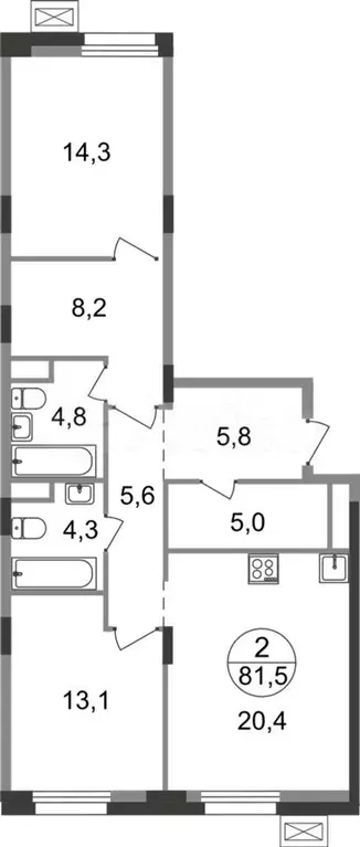 2-к. квартира, 81,5 м, 2/9 эт. - Фото 0