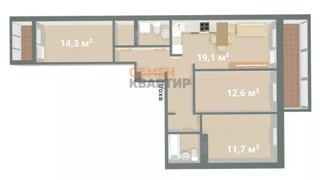 3-комнатная квартира: Екатеринбург, Таганская улица, 79 (74.4 м) - Фото 1