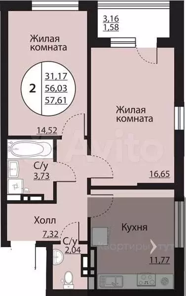 2-к. квартира, 57,6 м, 13/24 эт. - Фото 0