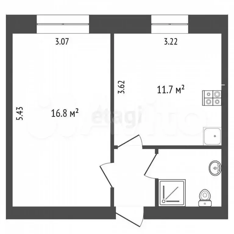 1-к. квартира, 33,9 м, 7/9 эт. - Фото 0