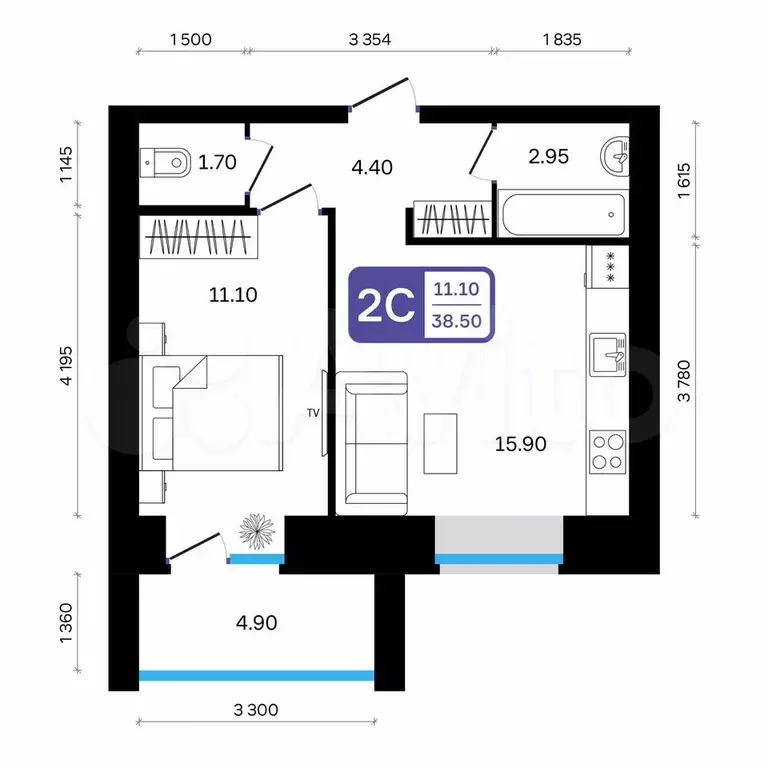 2-к. квартира, 38,5 м, 3/9 эт. - Фото 0
