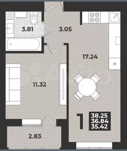 1-к. квартира, 38,3 м, 5/9 эт. - Фото 1
