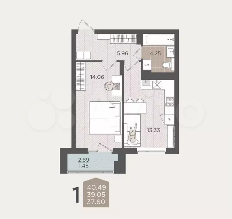 1-к. квартира, 39,1 м, 4/9 эт. - Фото 1