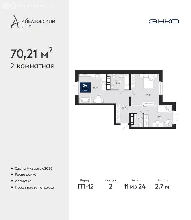 2-комнатная квартира: Тюмень, ЖК Айвазовский Сити (70.21 м) - Фото 1