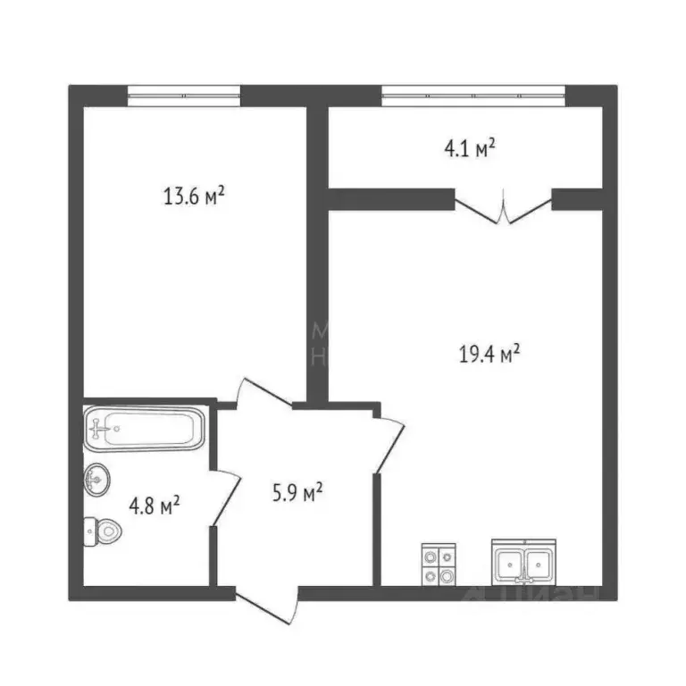 1-к кв. Тюменская область, Тюмень ул. Федюнинского, 30к9 (47.8 м) - Фото 1