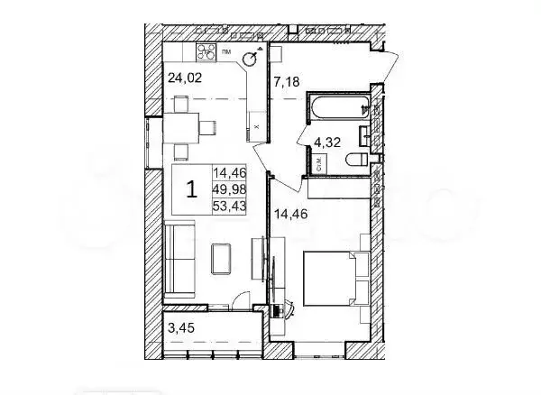 1-к. квартира, 53,4м, 2/9эт. - Фото 1