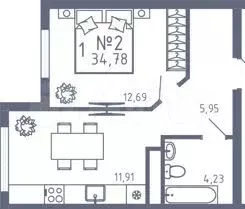 1-к. квартира, 34 м, 3/3 эт. - Фото 0
