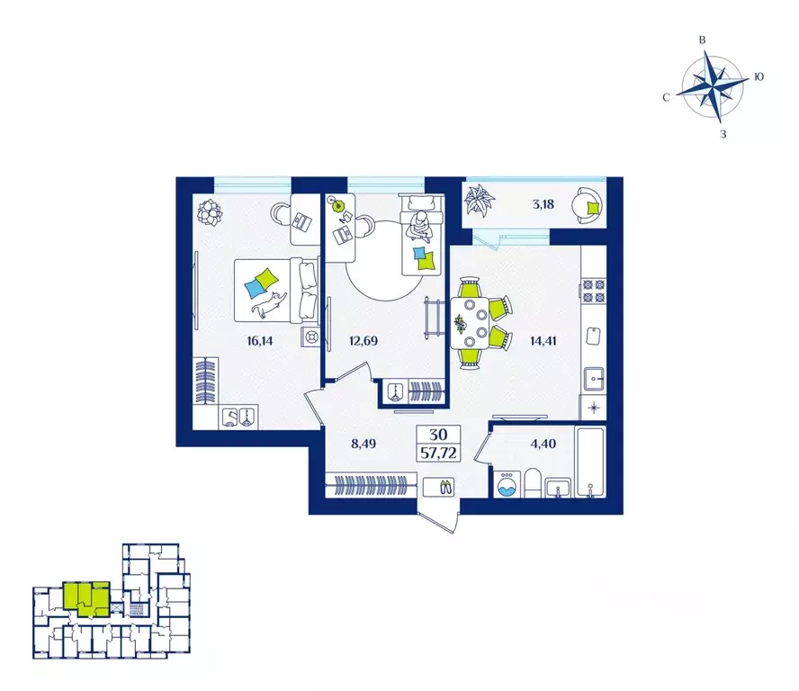 2-к кв. Калининградская область, Зеленоградск  (57.72 м) - Фото 1