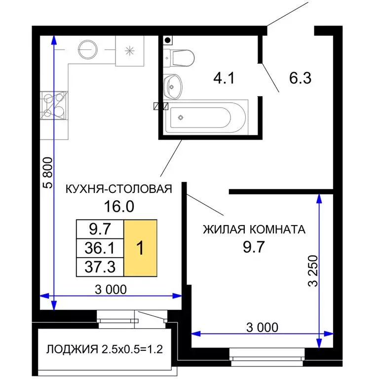 1-комнатная квартира: Краснодар, жилой комплекс Дыхание (37.3 м) - Фото 0