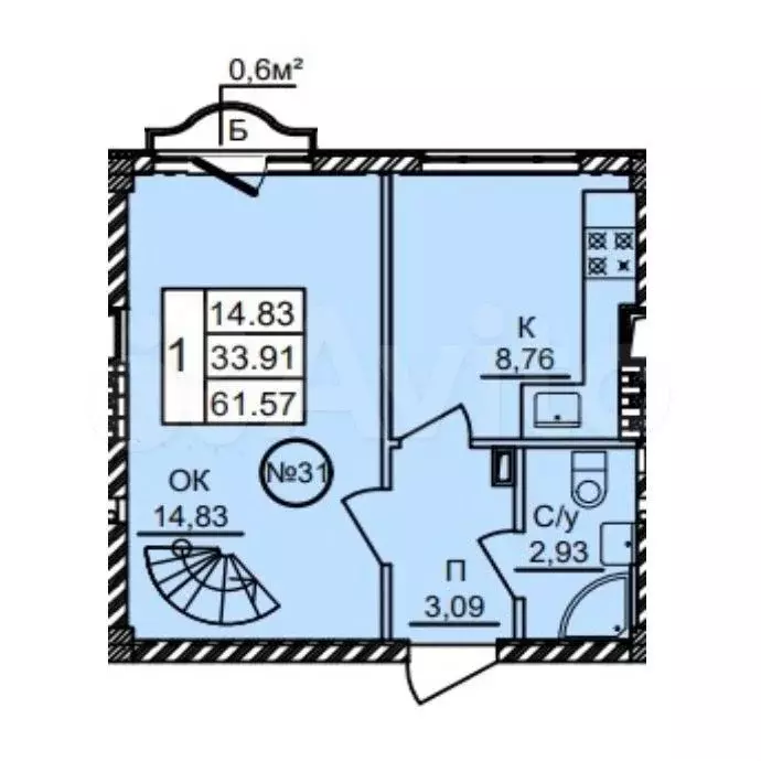 1-к. квартира, 33,9м, 3/3эт. - Фото 0