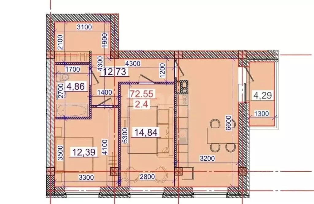 2-к кв. Северная Осетия, Владикавказ ул. Куйбышева, 77В (50.37 м) - Фото 2