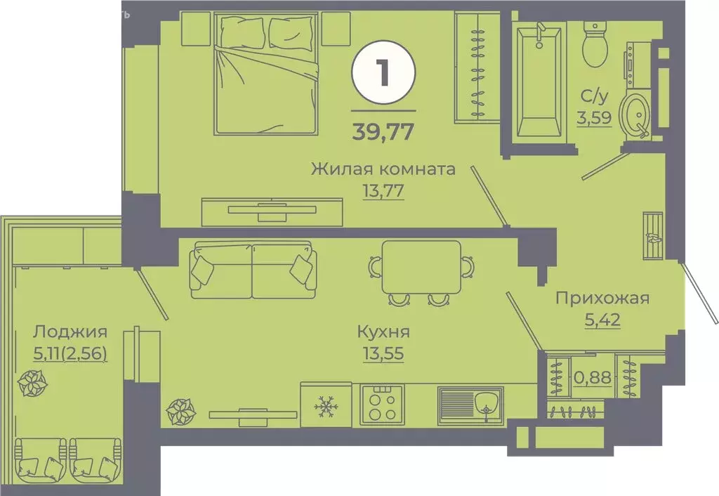 1-комнатная квартира: Ростов-на-Дону, проспект Солженицына, 25 (39.77 ... - Фото 0