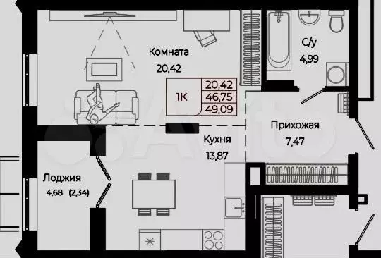 1-к. квартира, 49 м, 4/8 эт. - Фото 1