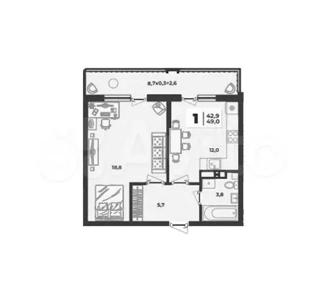 1-к. квартира, 42,9 м, 7/9 эт. - Фото 1