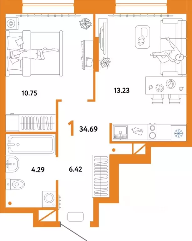 1-к кв. Тюменская область, Тюмень Интернациональная ул., 199к10 (34.69 ... - Фото 1
