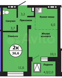 2-к. квартира, 36,6 м, 19/19 эт. - Фото 0